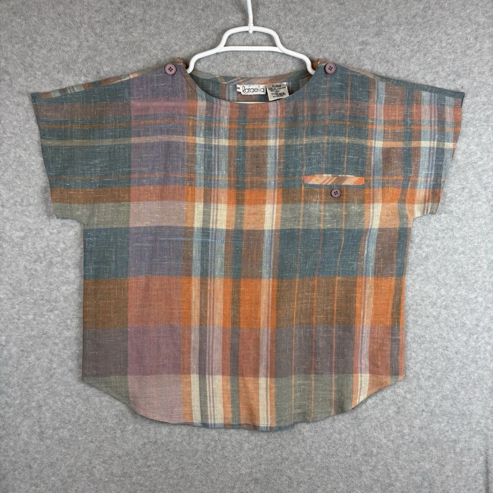Rafaella Plaid Button-Down Top in Orange, Blue, Green